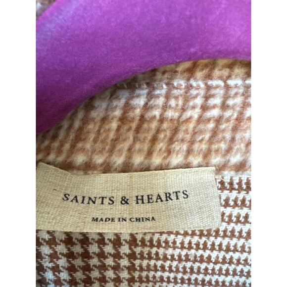 Saints & Hearts Houndstooth Oversized Flannel Shacket Brown Womens Size M/L - Picture 4 of 6
